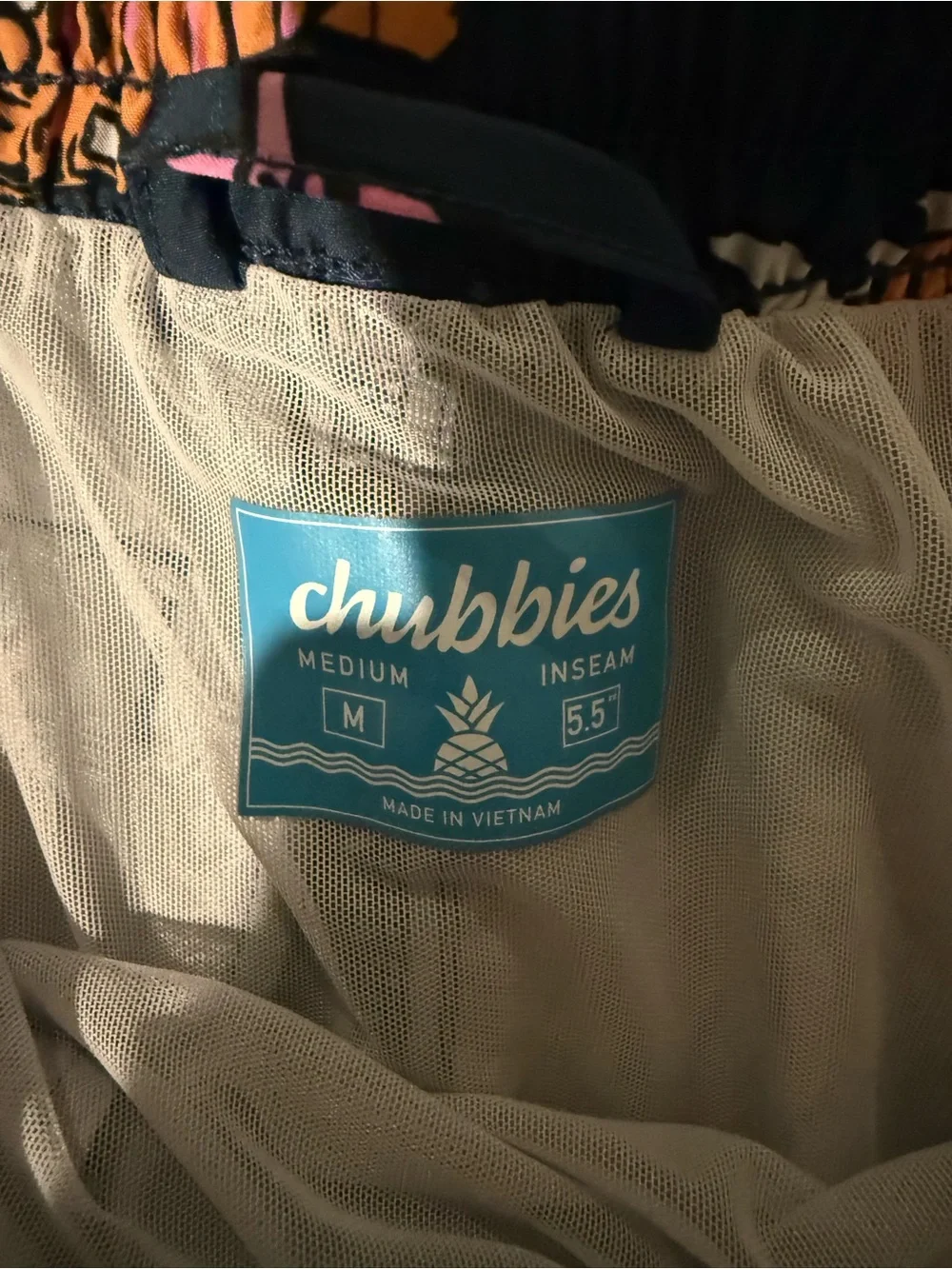 chubbies Navy Swim Shorts with Pink & Orange Tiger Accent